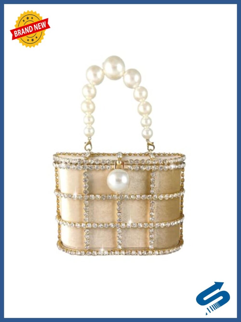 Crystal Rhinestone Bucket Clutch Evening Handbag with Pearl Magnetic Lock